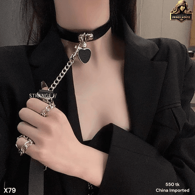 Black Leather Choker Collar with Heart Pendant & Chain Leash Set_img_1