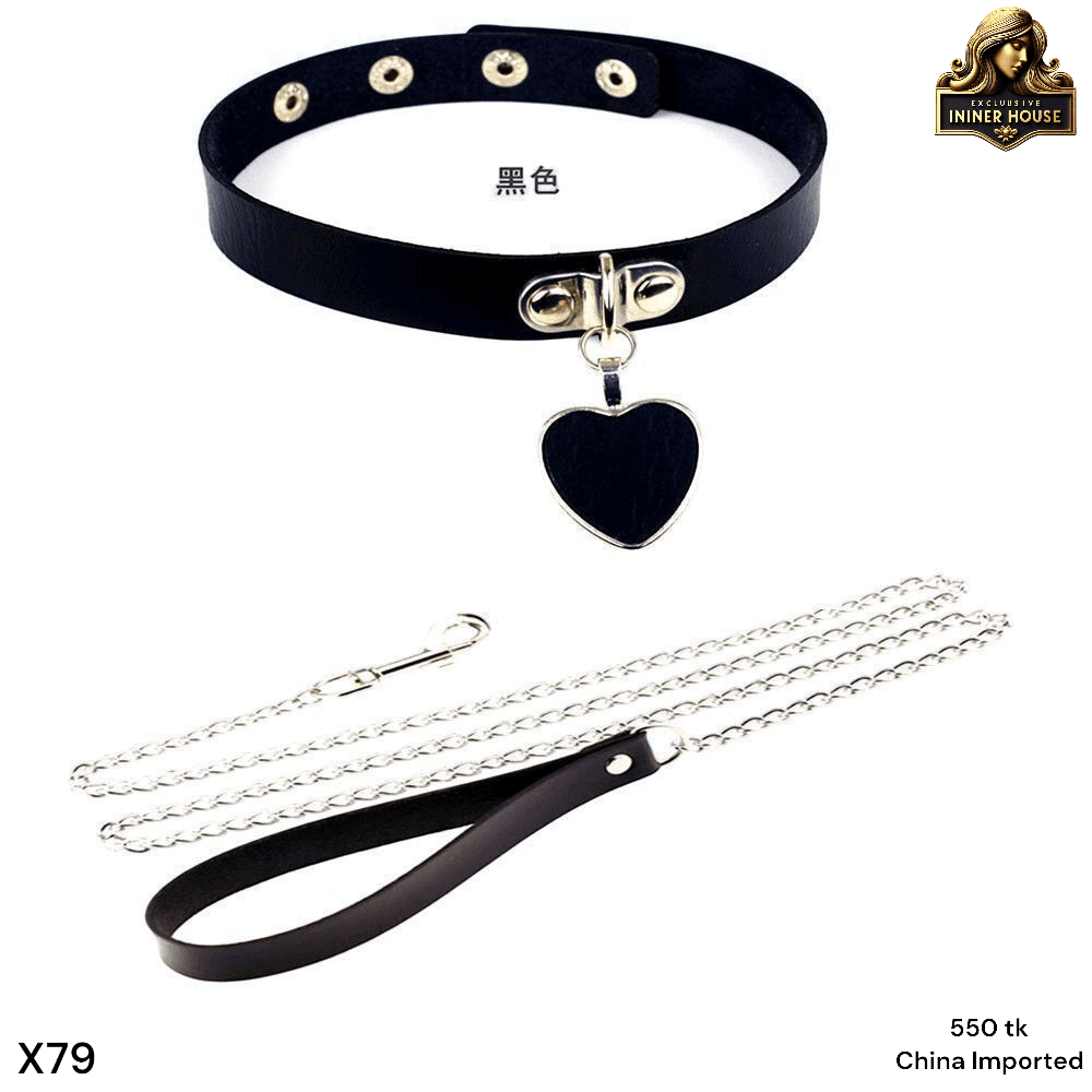 Black Leather Choker Collar with Heart Pendant & Chain Leash Set