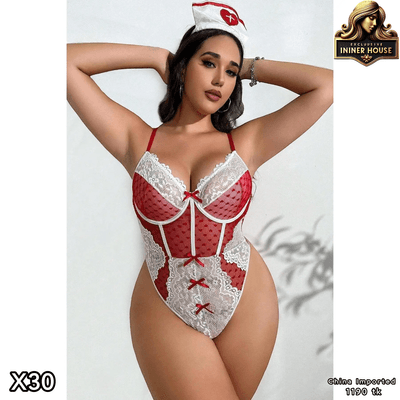 Sexy Red & White Lace Nurse Lingerie Bodysuit – Erotic Costume with Nurse Cap | Premium Women’s Sleepwear & Roleplay Outfit_img_3