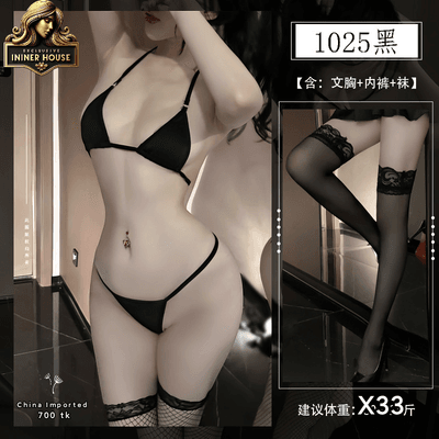 Sexy Black Minimalist Two-Piece Lingerie Set with Fishnet Thigh-High Stockings – Elegant Women’s Intimate Wear & Nightwear Outfit_img_0