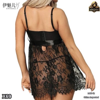 Plus Size Black Lace Babydoll Lingerie for Women – Sexy Sheer Nightdress with Ribbon Waist, Curvy Fit Sleepwear_img_3
