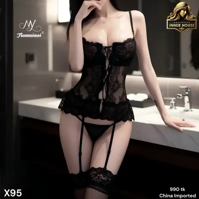Lace Garter Babydoll Lingerie Set for Women Sheer Mesh Nightwear with Stockings Black White