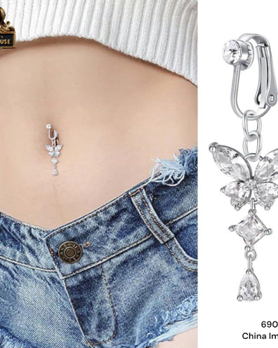 Butterfly Crystal ClipOn Belly Ring NonPiercing Navel Jewelry for Women