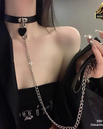 Black Leather Choker Collar with Heart Pendant Chain Leash Set