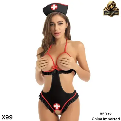 Premium Nurse Cosplay Lingerie Set for Women Open Cup Nurse Costume Teddy Bodysuit with Headband Role Play Lingerie Bangladesh