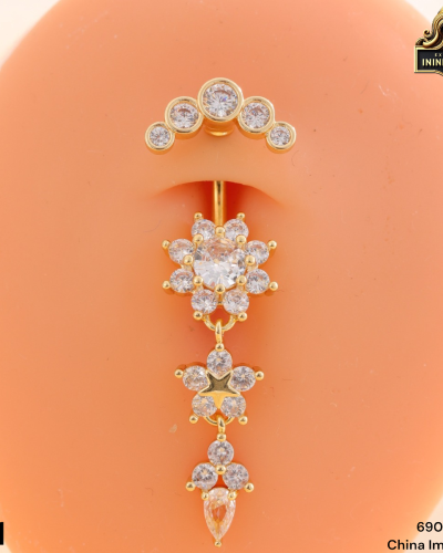 Elegant Crystal Flower Belly Ring with Star Charm Premium Navel Piercing