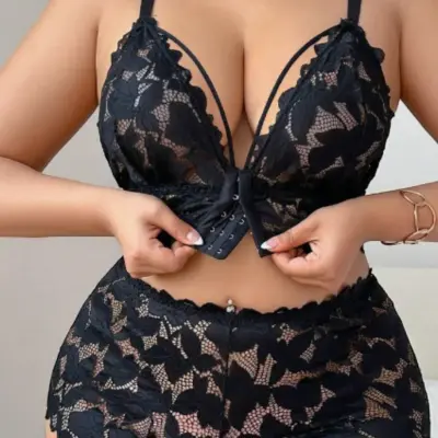 Plus Size Floral Lace Lingerie Set for Women Premium Black Bra Panty Set