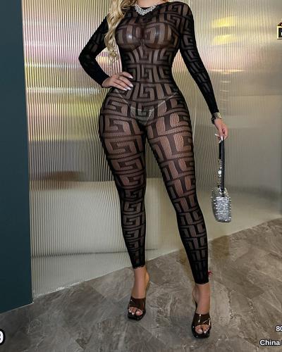 Womens Black Sheer Mesh Bodysuit Jumpsuit Long Sleeve Sexy SeeThrough Bodycon Outfit